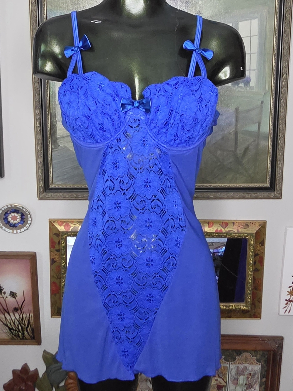 Blue Floral Lace Babydoll Lingerie Nightie Mini Dress w/ Bow Details Size Medium